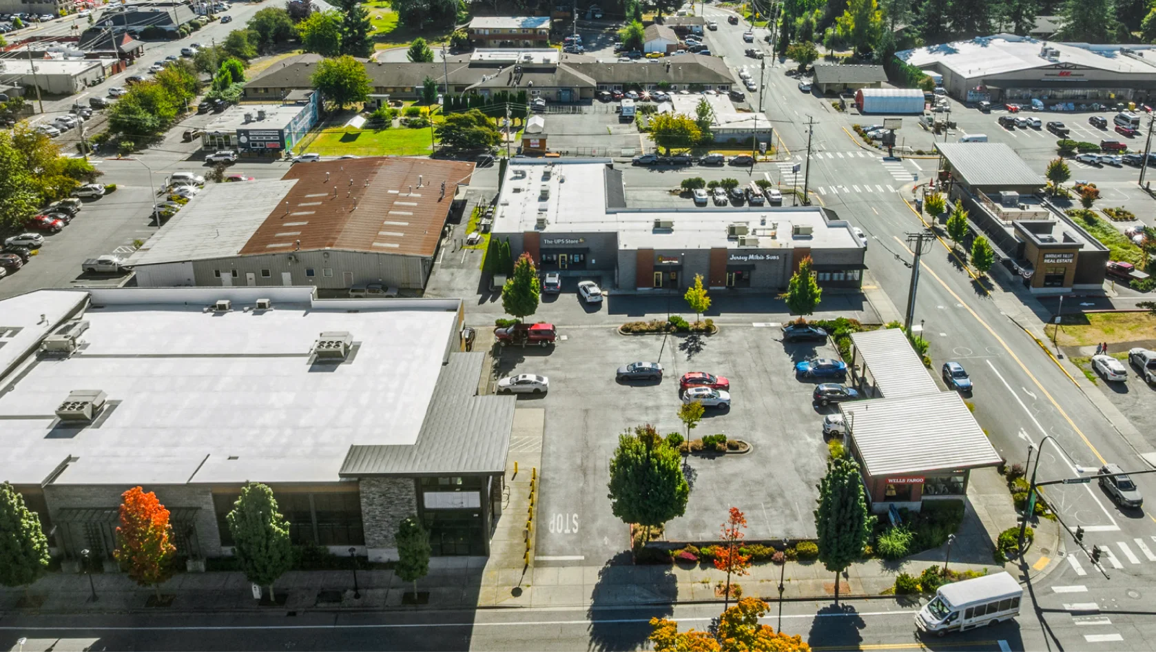 Aerial photo of Borgen Plaza in North Bend, WA