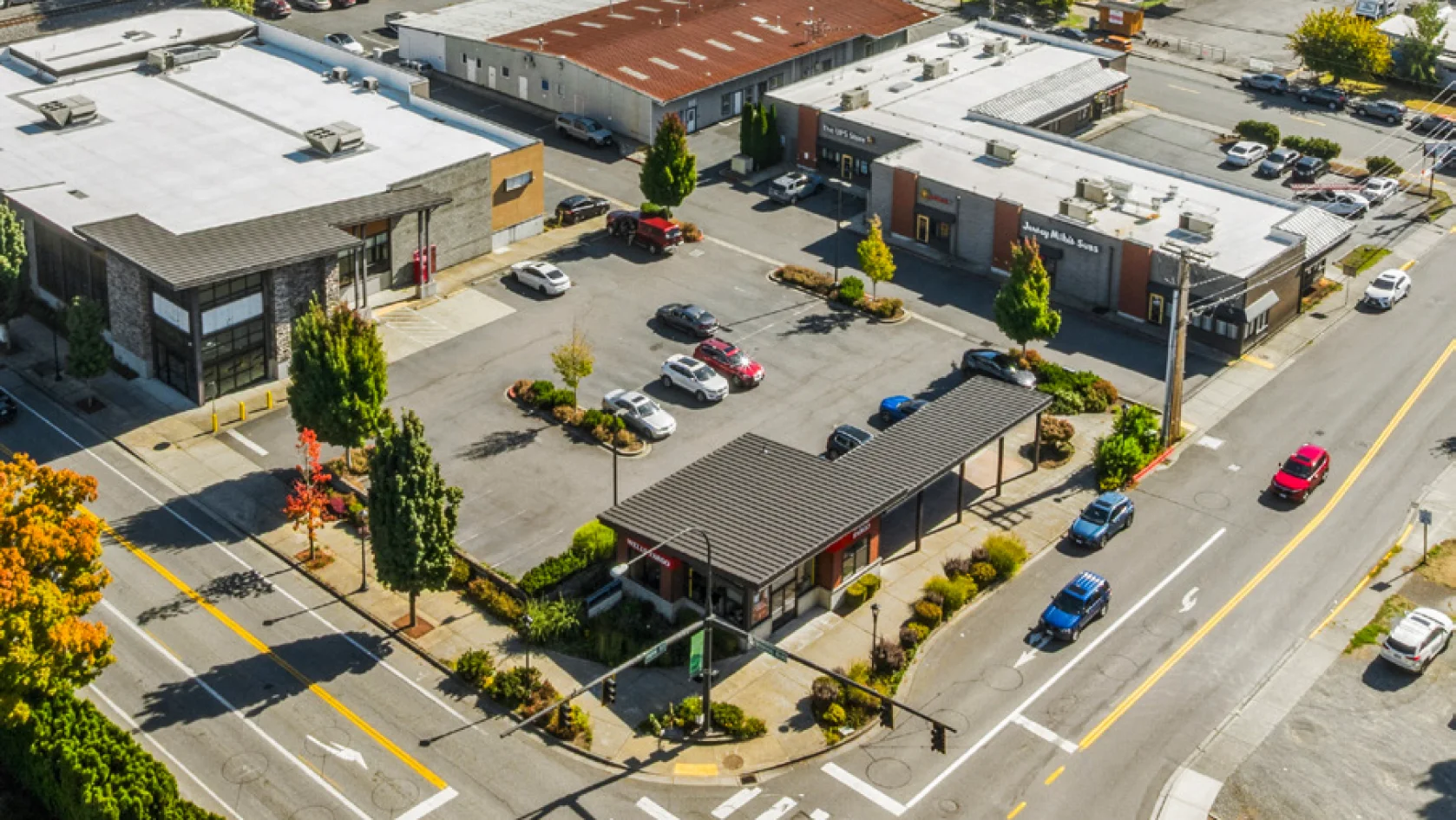 Aerial photo of Borgen Plaza in North Bend, WA